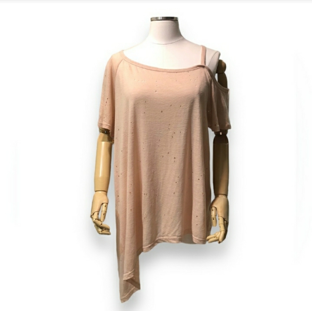OLIVACEOUS Asymmetrical Cold Shoulder Linen Blend Distressed Oversized Top NWOT